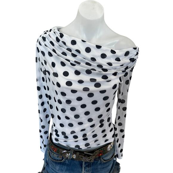 AFRM Black White Polkadot One Shoulder Mesh Top LARGE Ruched Sheer $48 - Picture 9 of 12